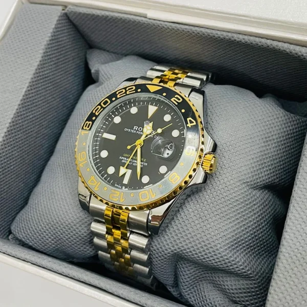 RLX GMT Luxury Watch – Gold & Silver Stainless Steel with Black Dial & Black Rotatig Bezel